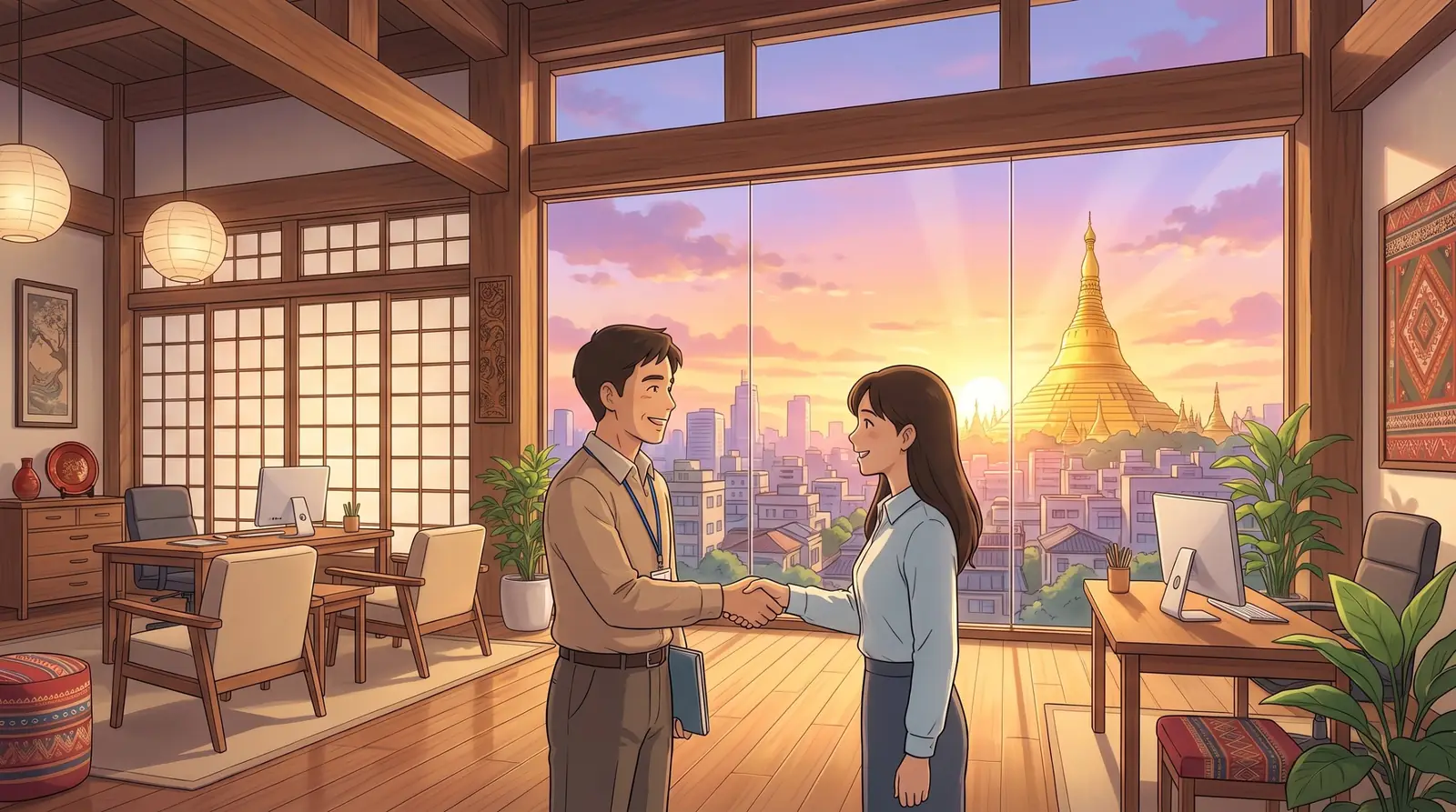 A recruiter and a job seeker shaking hands in a bright office, with a golden pagoda and the Yangon skyline at sunset behind them.